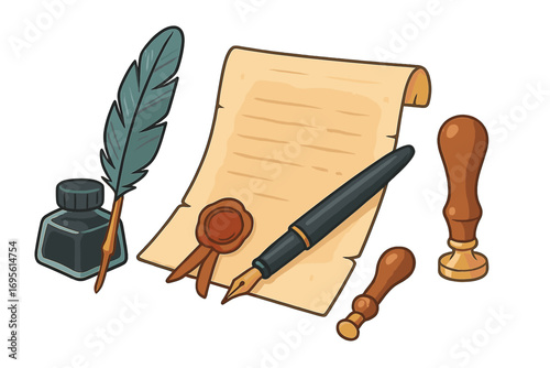 Vintage writing tools vector set. Quill in inkwell, fountain pen on parchment scroll with wax seal. Notary, manuscript, or legal document concept. Retro stationery.