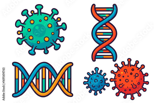 Virus cell and DNA helix structure vector set. Cartoon icons for science, biology, and medicine. Concepts for genetics, microbiology, coronavirus, pandemic, and disease.