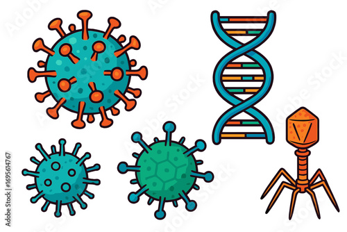Virus cell, DNA and bacteriophage vector icon set. Microbiology, virology, science concept. Coronavirus, infection, medicine, pandemic, gene research cartoon illustration.