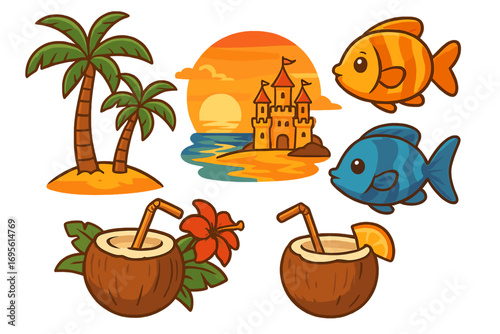 Set of cartoon tropical beach elements. Summer vacation vector illustration collection with cute fish, palm trees, sandcastle at sunset, and coconut cocktail drinks. Paradise island holiday icons.