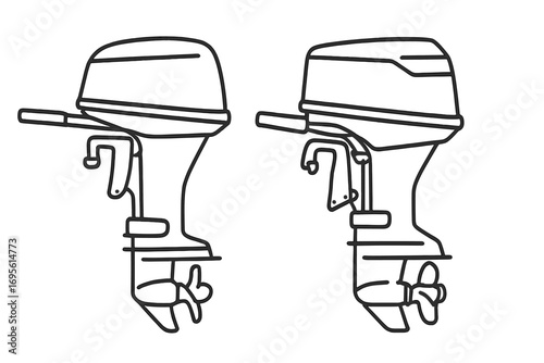 Outboard motor boat engine line art icon set. Simple vector illustration for marine transport and fishing. Technical drawing of power propeller and ship components.