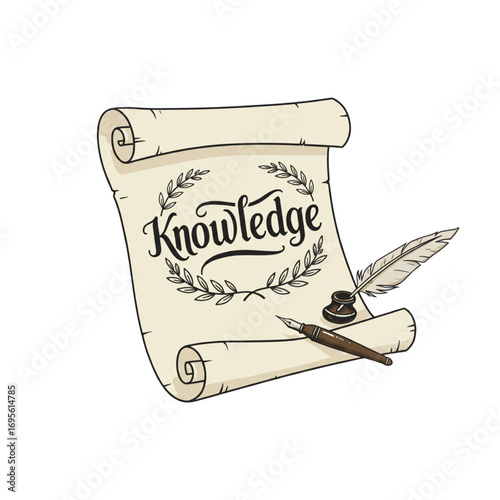 Vintage Knowledge Scroll with Quill and Ink Hand Drawn Illustration on White Background