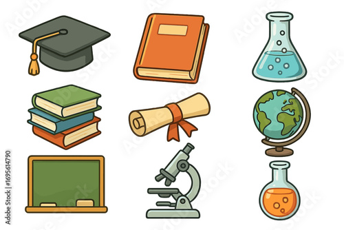 Education and science icon set. School learning and university cartoon symbols. Graduation cap, book, globe, microscope, diploma, and chemistry flask vector icons isolated.