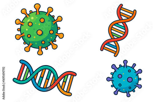 Virus and DNA cartoon vector icon set. Biology science, genetics and microbiology concept. Colorful illustration of corona, flu pathogen and double helix chromosome.