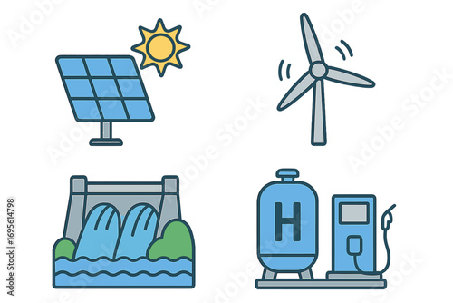 Renewable energy sources icon set. Green power concept. Solar panel, wind turbine, hydropower dam, hydrogen fuel station. Sustainable technology vector cartoon illustration.