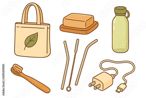 Set of eco-friendly products for sustainable living. Zero waste items cartoon vector illustration. Reusable bag, bamboo toothbrush, solid soap, metal straws, and water bottle.