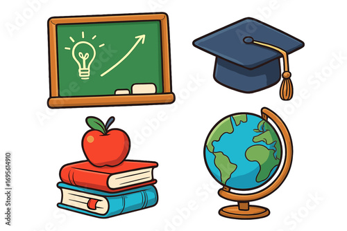Education icon set for learning and achievement. School symbols in cartoon vector style. Graduation cap, globe, books with apple, chalkboard with idea lightbulb and growth graph.