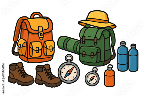 Hiking gear set for outdoor adventure. Camping essentials collection with backpack, boots, compass, water bottle. Vector illustration for travel, trekking, exploration, survival.