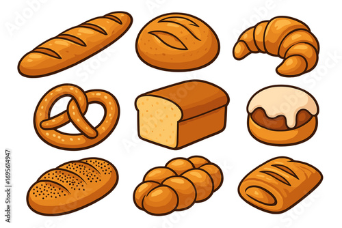 Bakery bread and pastry vector icon set. Cartoon collection of fresh baked goods. Loaf, baguette, croissant, pretzel, bun, challah. Food illustration for menu design.