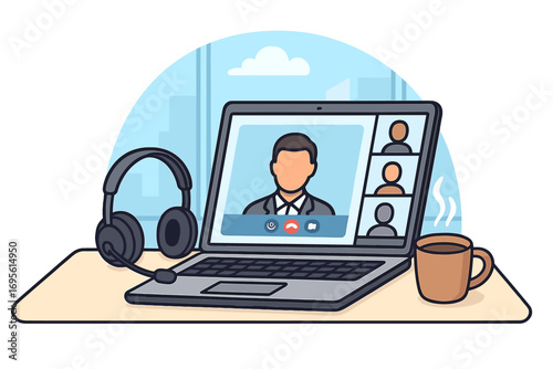 Virtual meeting with video call on laptop screen. Modern workspace with desk, headset, and coffee. Remote work, home office, or webinar concept. Business communication vector.