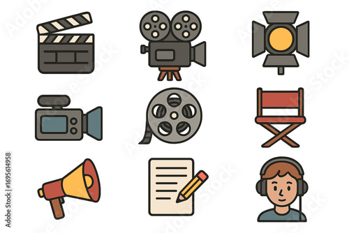 Movie making elements and cinema equipment icons. Vector collection for filmmaking, including camera, director chair, clapperboard, script, spotlight, film reel and megaphone.
