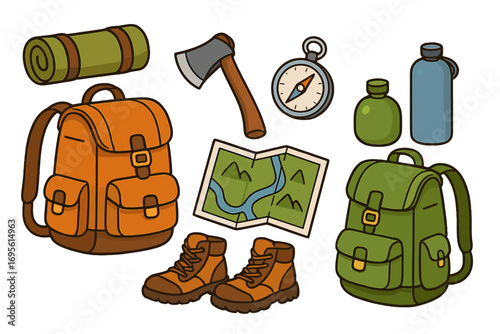 Hiking and camping equipment set. Vector cartoon illustration of essential adventure gear. Includes backpack, boots, map, compass, axe, sleeping bag, and water bottle.