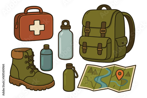 Hiking gear essentials for outdoor adventure. Vector set of travel equipment. Backpack, boot, map, first aid kit, water bottle. Camping and trekking survival items.