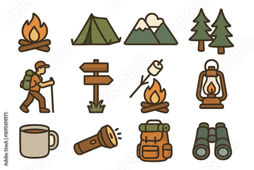 Big set of camping, hiking, travel and outdoor activities icons. Flat line style. Nature, adventure, journey concept. Tourist equipment and gear symbols. Vector illustration.
