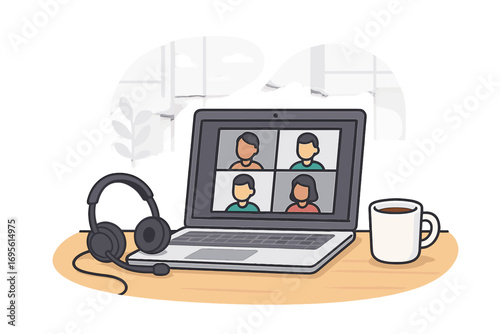 Virtual meeting vector concept. Online video call conference with laptop and headset. Remote work from home office. Business teleconference or webinar communication technology.