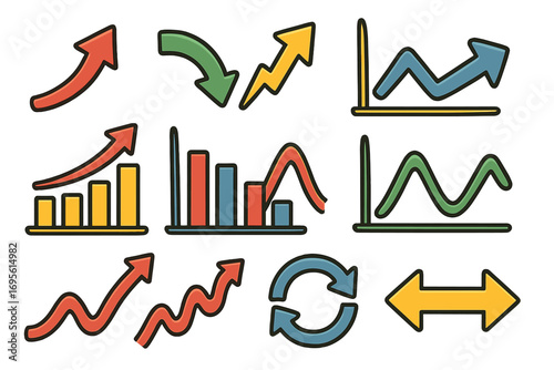 Set of business data chart icons. Arrow graph symbols for infographic design. Vector illustration showing growth, decline, financial trends, analytics and statistics signs.