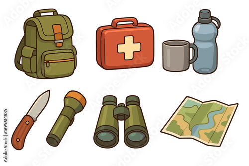 Essential hiking gear for outdoor adventures. Vector set with backpack, first aid kit, map, water bottle. Camping and travel equipment icon collection for trekking fans.