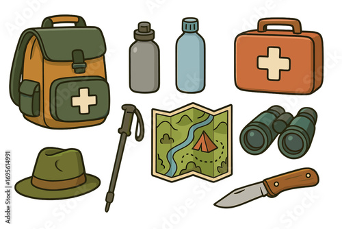 Hiking gear and camping equipment set. Outdoor adventure essentials icon collection. Vector of backpack, map, first aid kit, knife, binoculars, water bottle, trekking pole.