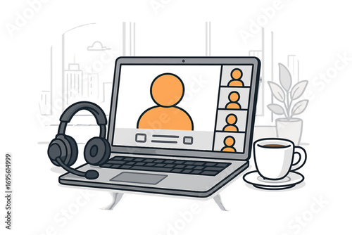 Virtual meeting concept. Video conference call on laptop screen with headset and coffee. Remote work, home office or modern workspace. Online communication technology vector.