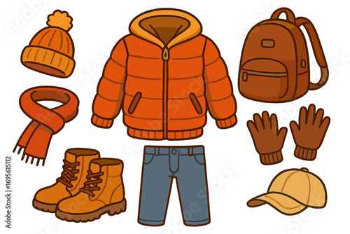 Fall season outdoor activity clothing set. Autumn fashion vector collection with puffer jacket, boots, beanie, scarf, gloves, pants, and backpack. Warm outdoor outfit illustration.