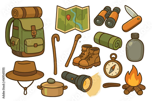 Camping and hiking equipment icon set. Outdoor adventure and survival gear collection. Vector cartoon illustration of backpack, map, boots, compass, knife, campfire.