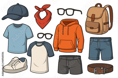 Vector cartoon collection of casual men's clothing and fashion accessories. Apparel illustration set with hoodie, t-shirt, shorts, backpack, cap, sneakers, and glasses.