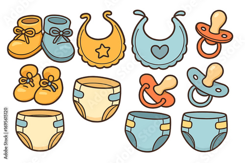 Cute baby shower vector set with newborn essentials. Cartoon illustration of booties, bibs, pacifiers, and diapers. Flat design icons for infant care and parenthood concepts.