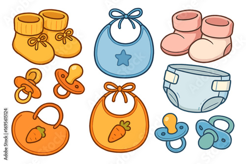 Cute cartoon baby items set. Vector collection of newborn accessories like booties, bibs, pacifiers, and diapers. Playful illustration for infant care and baby shower design.