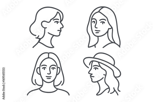 Woman face line art logo collection. Set of female portraits for beauty salon, spa, fashion. Minimalist vector illustration. Elegant continuous line girl head. Modern avatar icon.