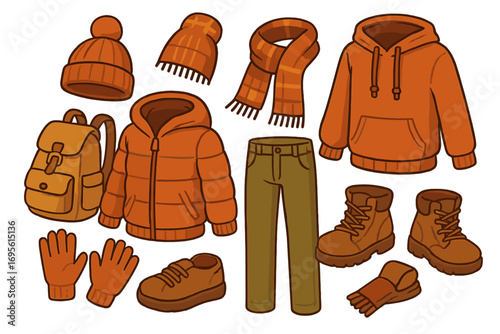 Fall fashion set for outdoor activities. Vector cartoon collection of warm autumn clothes: jacket, hoodie, boots, scarf, hat, gloves, backpack. Casual hiking travel essentials.