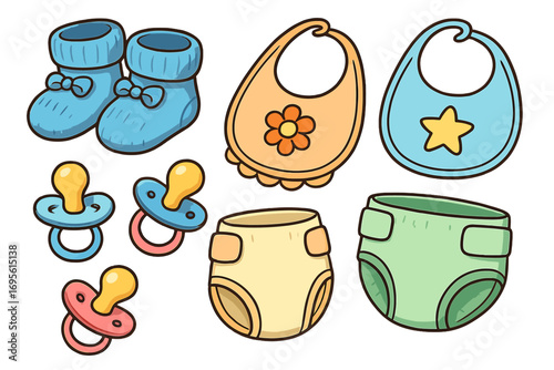 Cute cartoon baby items set. Vector collection of newborn essentials for baby shower invitation. Isolated illustration of booties, bibs, pacifiers, and diapers for childcare.
