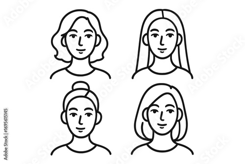Woman face line art icon set. Collection of female portraits with different hairstyles. Vector for beauty salon, spa logo. Simple modern avatar profile picture characters.