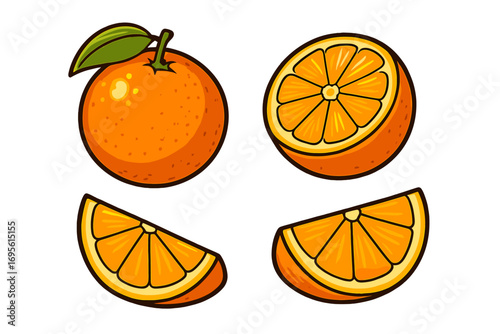 Vector cartoon illustration set of fresh, juicy oranges. Includes whole orange with leaf, half fruit, and citrus slices. Isolated icon for healthy food and organic diet concepts.