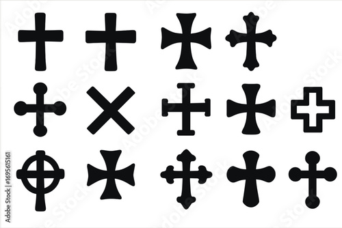 Christian cross symbols collection. Black religious icons set. Various crucifix shapes, catholic, orthodox and celtic signs. Faith and spiritual symbols for design. Vector.