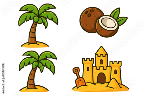 Summer beach vacation icon set. Cartoon vector collection with palm tree, coconut, and sandcastle. Tropical island holiday elements for kids. Cute clipart isolated on white.