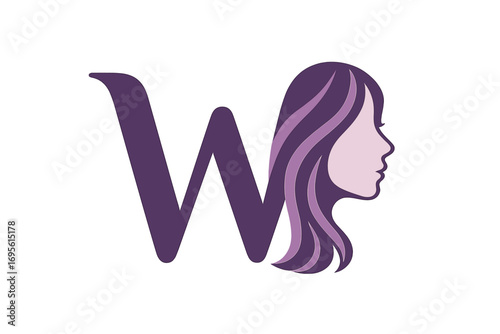 Letter W logo with beautiful woman face silhouette. Vector icon for beauty salon, spa, or hair studio. Modern logotype for cosmetics, dermatology, or feminine brand identity.