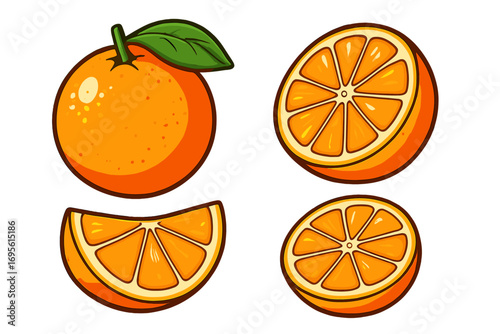 Set of fresh orange fruits with leaf. Collection of whole, half, and sliced oranges. Juicy citrus. Vector cartoon illustration isolated on transparent background.