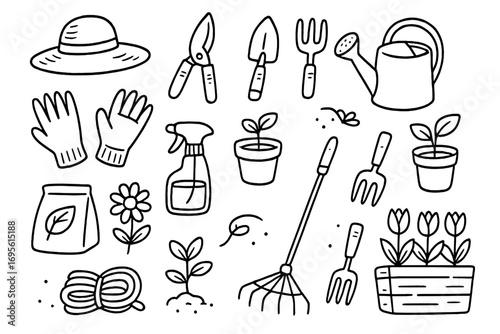 Gardening tools and supplies doodle set. Hand drawn horticulture equipment. Vector line art icons. Planting and growing concepts. Rake, trowel, gloves, pot, seedling, flower.