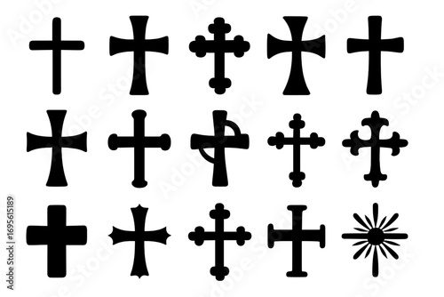 Set of black crosses. Vector collection of christian religious symbols. Catholic crucifix icons, orthodox and celtic cross silhouettes. Holy faith and spiritual design elements.