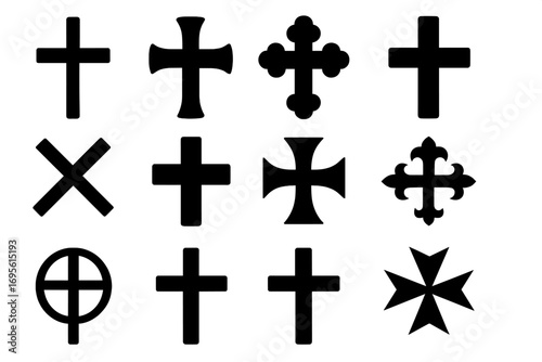 Christian cross symbols set. Religious and heraldry crucifix icons collection. Faith, spirituality concepts. Latin, Celtic, Maltese, Pattee crosses. Vector graphic design element.