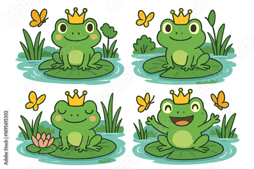 Cute frog prince cartoon character set. Fairytale green frogs with crowns on lily pads in a pond. Happy royal amphibian vector illustration collection with butterflies.