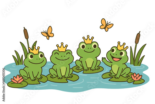 Cute cartoon frog princes with crowns on lily pads. Happy green amphibian characters in a pond. Fairytale animal vector illustration for kids with butterflies and water lilies.