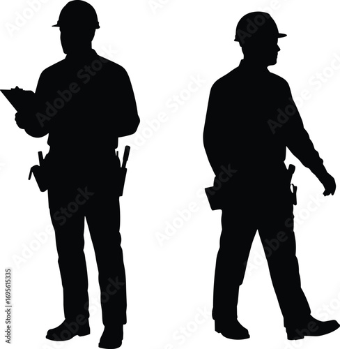 Construction worker silhouette with hard hat, holding clipboard, walking figure, builder outline, engineer inspector design, black vector illustration, industry