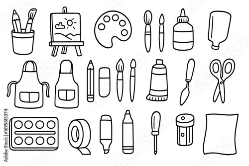 Hand-drawn artist doodle set with art and craft supplies and tools. Vector cartoon illustration collection. Creative hobby items for painting, drawing, education and school.
