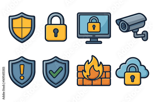 Security icon set for cybersecurity and data protection. Vector concepts of digital safety, network monitoring, and cloud security. Includes shield, padlock, firewall, and camera.