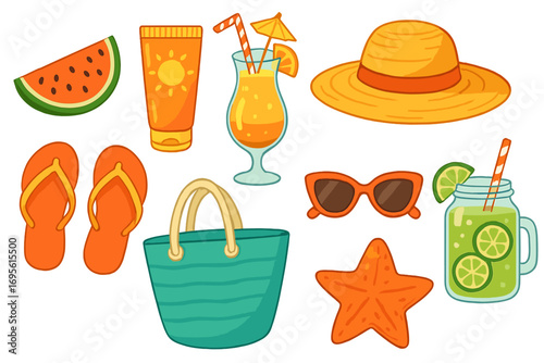 Set of cute summer beach items. Cartoon vacation accessories. Vector icons collection with hat, sunglasses, flip flops, sunscreen, bag, cocktail, watermelon, and starfish.