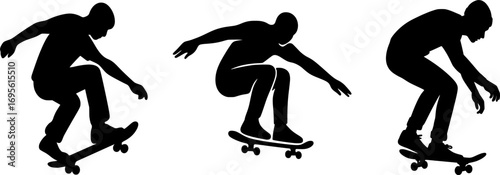 Black vector silhouettes of three skaters in minimal style, dynamic sports illustration for posters, prints, and graphic design