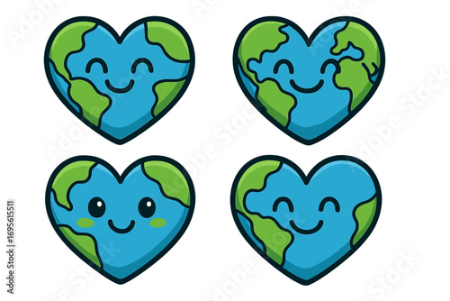 Set of cute heart-shaped Earth characters. Love the planet concept for Earth Day. Eco-friendly mascot for environmental conservation and ecology awareness. Vector cartoon illustration.