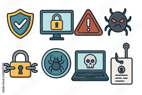 Internet security vector icons. Digital threats and online protection. Symbols for phishing, malware, virus attack, ransomware, hacking, and data safety. Cyber safety concept.
