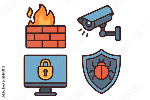 Cybersecurity icon set. Vector cartoon symbols for internet security concepts. Firewall, surveillance camera, malware protection shield and computer data lock illustration.